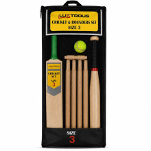 LUXTROUS Cricket & Rounders Set Size 3 Wooden Bat with Rubber Grip, 4 Stumps, Ball & Bails, Complete Outdoor Cricket Training Kit with Mesh Carry Bag