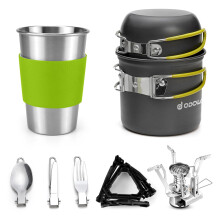 Odoland Camping Saucepans Set, 10 Pieces Durable Aluminium Complete Kitchen Utensils with Ultralight Portable Stove for Hiking, Fishing
