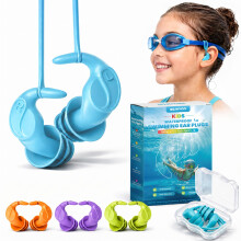 Kids Swim Ear Plugs - 4 Pairs Waterproof Silicone Earplugs for Children 5-14 Years with Detachable Cord, 2 Wearing Styles, Attaches to Goggles, Reusa