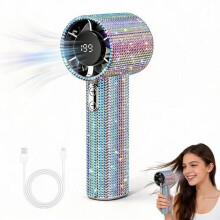 KUWUNG Handheld Fan Rechargeable, Diamond Mini Hand Fan with Digital Display 5 Gear Wind Speed Rhinestone Small Travel Fan for Kids and Adult, Person