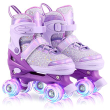 Vleox Kids Roller Skates for Girls Boys 4 Size Adjustable 8 Light Up Wheels Quad Skates for Ages 3-12 Toddler Beginners Indoor and Outdoor