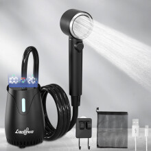 LIBERRWAY Portable Camping Shower, 3H Runtime 8000mAh Rechargeable Pump with Temperature & Battery Display, IPX8 Waterproof, 5 Pressure Modes, No-Was