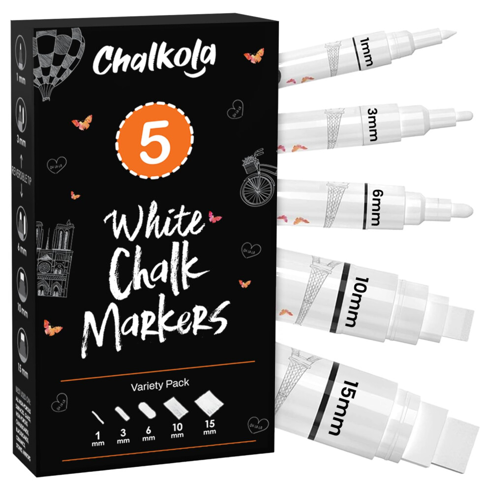 Photos - Felt Tip Pen Chalkola 5 White Chalk Pens for Chalkboard Signs, Blackboard, Car Window, Bistro, Glass | 5 Variety Pack - Thin, Fine Tip, B