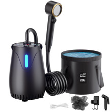 Portable Camping Shower with 20L Collapsible Bucket – 8000mAh Rechargeable Camp Shower Pump IPX8 Waterproof with 5 Gear LED Light, 4 Spray Modes, Ou