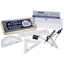 Helix Oxford Maths Set with Storage Tin - 10 Piece Maths Equipment Set - School Supplies Including Compass Ruler Protractor and Pencil