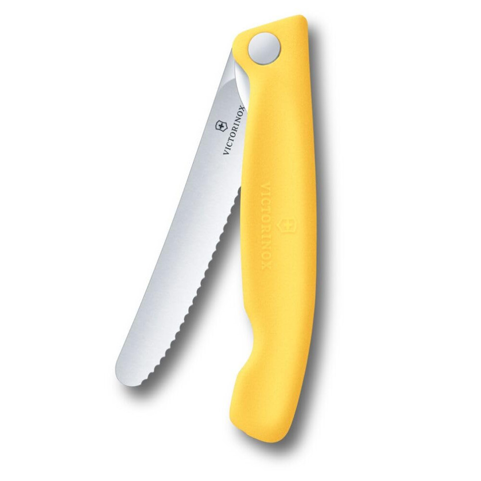 Victorinox Swiss Classic Foldable Picnic Knife For Hiking, Fruit, Vegetables, Bread Rolls, Sausage, Serrated Edge, Extra Sharp, Yellow