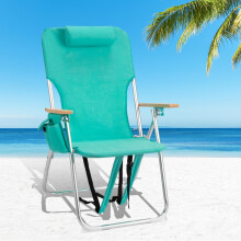 Bonnlo Folding Beach Chair, Lightweight Camping Chair with 4-Position Reclining Backrest, Headrest & Wood Armrests, Portable Outdoor Chair with Backp