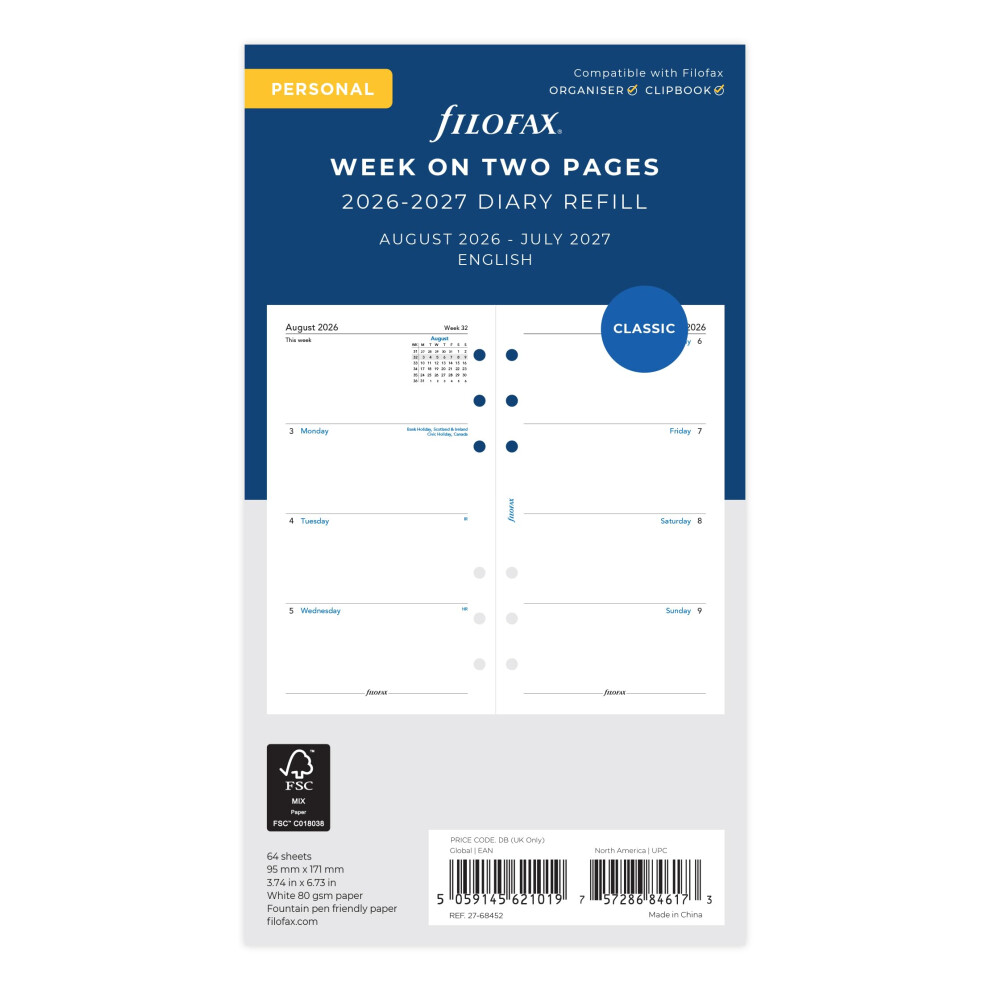 Photos - Other Office Equipment Filofax Personal week on two pages mid year August 26 - July 27 diary refill 27-68452 