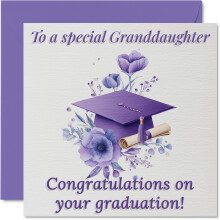 Proud Congratulations Card for Granddaughter - Bursting with Pride - Purple Graduation Cap and Delicate Florals Design - 145mm Square, Envelope Inclu