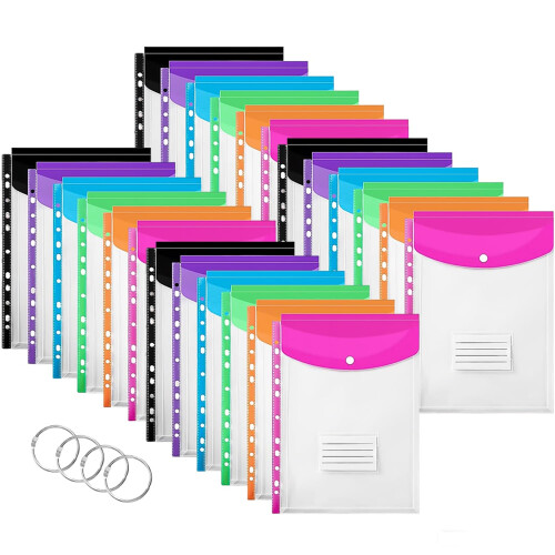 24PCS Plastic Wallets A4 Punched Pockets, Expandable Envelope Document Plastic Folders with Button and Label Pocket for School Home Office (Vertical)