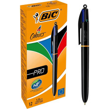BIC 4 Colours Pro Multi Pen, Multi Coloured Pens All In One, Retractable Ballpoint Pen, Medium 1.0mm, Green, Blue, Red, Black, 12 Pens Per Pack, 1 Pa