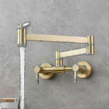 (Brushed Gold) Brass Wall-Mounted Pot Filler Faucet with Foldable Swing Arm - Dual Handle Gold Kitchen Tap