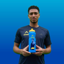 Lucozade Sport x Jude Bellingham 1L Sports Water Bottle – leak proof, with sports cap & measuring strip, in yellow & blue
