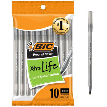 BIC Round Stic Xtra Life Ballpoint Pen, Medium Point (1.0mm), Black, 10-Count