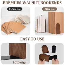 HEKOBAG 1 Pair Book Ends, Walnut Wood Bookends, Non-Slip Bookends, Heavy Duty Wooden Bookend Support Natural Walnut Book Stopper L-Shaped Book Ends f