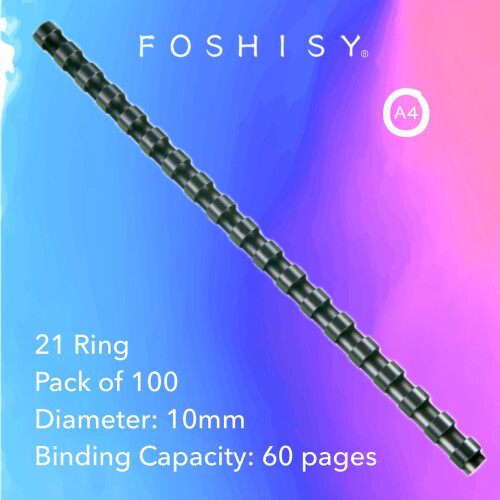 FOSHISY Plastic Binding Combs 21 Ring A4 10mm Comb Binding Spines, 60 Sheet Capacity, Pack of 100, Black 2