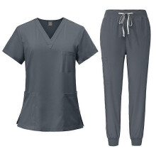 (M, Dark Black) Medical Uniform Women and Man Scrubs Set Medical Scrubs Top and Pants