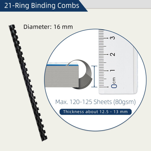 RAYSON Plastic Binding Combs, 125 Sheets, 21 Rings, 16 mm Comb Binder Spines, A4, Black, Pack of 100 2