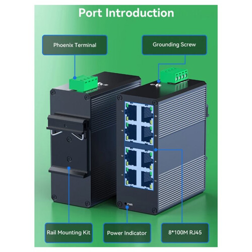 Industrial  de 8 Portas 100M com Ethernet, Compatível com Trilho DIN, Conecte e Use e Proteção IP40 2