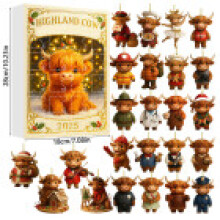 (Highland Cattle)Jolie boîte aveugle calendrier de l'avent de Noël acrylique animal avec compte à rebours 24 jours