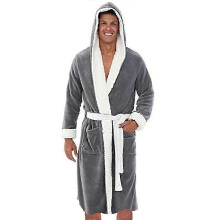 (3XL, Grey) Men Winter Fleece Hooded Bathrobe Night Robe Warm Plush Loungewear Sleepwear
