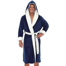 (5XL, Navy Blue) Men Winter Fleece Hooded Bathrobe Night Robe Warm Plush Loungewear Sleepwear
