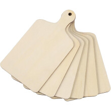 Set van 6 mini houten snijplankjes om zelf te maken, inclusief onafgewerkte broodtrommels.