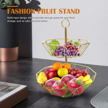 Plateau à fruits et bar à plusieurs niveaux, panier en fer doré, support de rangement pour comptoir ou bureau.