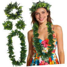 Tropiskt hawaiianskt bladhårband och armbandsset, konstgjorda gröna ormbunkegirlanger