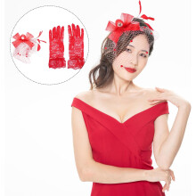 Elegantes Brautschleier-, Hut- und Handschuhset mit Schleifen-Mesh-Design, inklusive transparenter Tüllhandschuhe für besondere Anlässe, Rot
