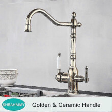 (Golden) Antique Brass Filter Kitchen Faucet Drinking Pure Water Kitchen Tap Deck Mounted Dual Handles 3-Ways Hot and Cold Water Mixer