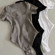 (Gray black white, 16) Fashion Spring And Summer New Square Neck Short-Sleeved Jumpsuit Three-Color Elegant Commuter Style Slim