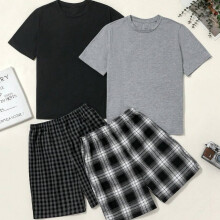 (Mixed colors, 14Y) 4pcs Boy Pajamas - Plaid T-Shirts & Matching Shorts Sleepwear, Soft Round Neck Summer Sleepwear Suitable for Teen Boys,