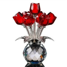 Red Rose Bouquet with Round Vase Figurines Gifts for Women Glass Bouquet Ornament Romantic Gifts Table Centerpiece