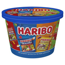 Haribo Sweets Sharing Tub, Assorted Gummy Candies with Starmix, Tangfastics, Giant Strawbs Gone Min