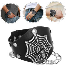 Spinnennetz-Totenkopf-Lederarmband, Gothic-Punk-Stil, verstellbares schwarzes PU-Armband für Herren, Halloween-Rock-Accessoires