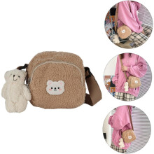 Umhängetasche aus Lammwolle mit Bärenmotiv, modische Schultertasche mit Bärenanhänger, braun, lässige Reisetasche