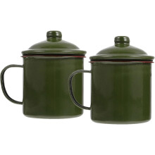2 tazas vintage de esmalte verde con tapa, 9 cm, resistentes al calor, ideales para café.