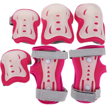 Conjunto de protección para bicicleta, patinete y patinaje: protectores de rodilla, codo y muñeca de color rosa fosforescente.