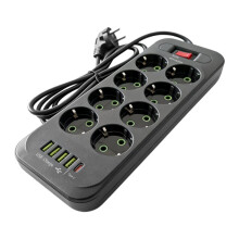 Furadeira de Energia 13 em 1 com Plugue EU, Protetor Contra Surtos, Interruptor Mestre 2500W, Cabo de 2M com 8 Tomadas AC, 4 USB e 1 Type-C