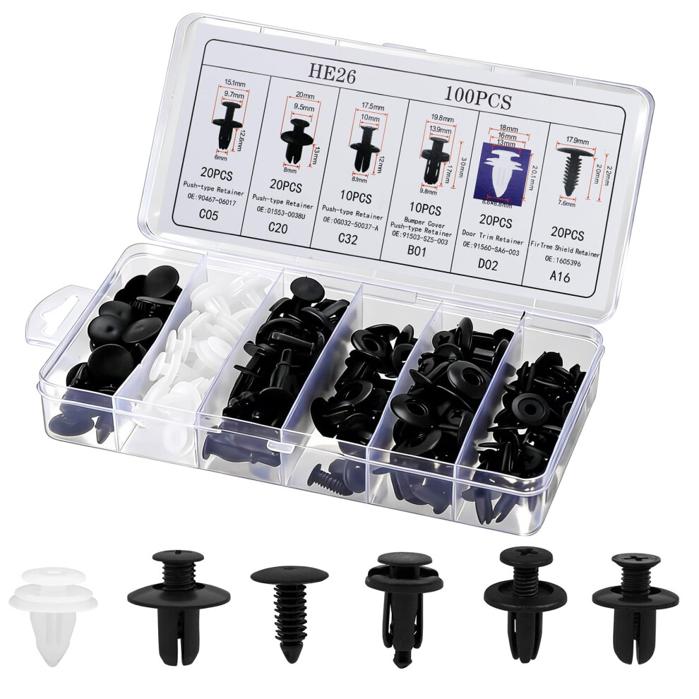 100Pcs Car Retainer Clips Kit - 6 Most Popular Sizes Auto Push Pin Rivets Assort 5001477169295