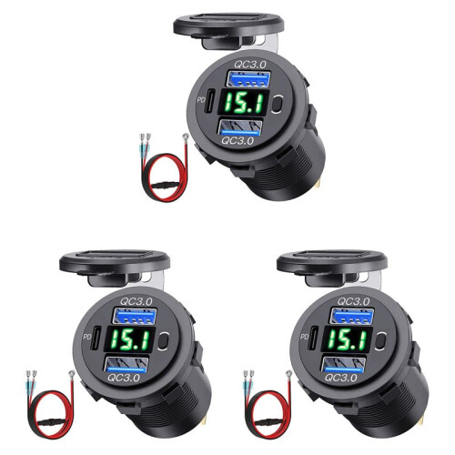3X 12V USB Outlet Dual Quick Charge with Voltmeter and Power , Multifunction USB Charger Adapter