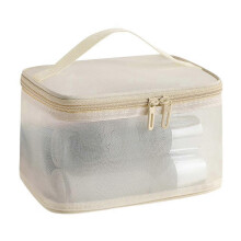 (Single Layer, Beige) Nylon Mesh Makeup Bag Large Transparent Cosmetic Organizer Travel Toiletry Pouch for Women Men