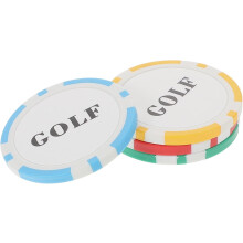 Juego de 4 fichas de póker con forma de pelota de golf, con incrustaciones de metal, fabricadas en plástico ABS. Marcadores de golf en color rojo.
