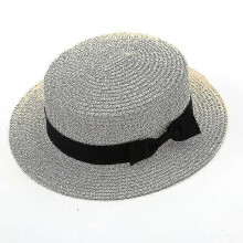 (Beige) Womens Beach Bowler Straw Boater Hat Round Flat Caps Wide Brim