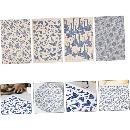 Ceramic Pottery Decals Underglaze Transfer Paper 4 Sheets Traditional Chinese Blue Floral Patterns 2