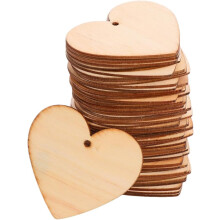 100 recortes de madera en forma de corazón con agujero, 65 x 60 mm, finas láminas de madera ecológicas para manualidades.