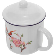 Tapa de cerámica con estampado retro de flores de durazno, taza portátil vintage para beber, ideal para uso en exteriores y en la oficina.