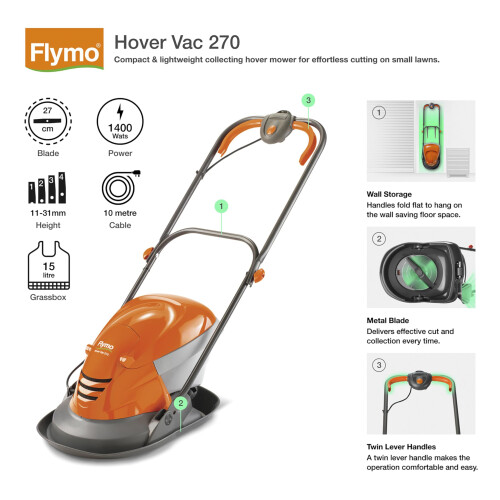 Flymo Flymo Hover Vac 270 Electric Hover Lawn Mower, 1400 W, 27 cm Cutting Width, 15 L 1