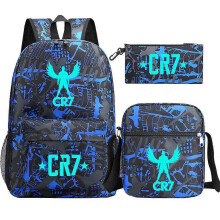 (Black) 3Pcs Backpack Fashion Women Cr7 Backpack Trend Backpack Waterproof Large School Bag Teenage Student Shoulder Bags